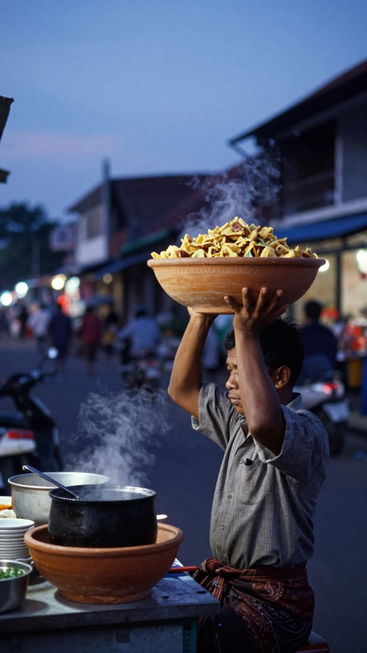 Blue Hour Street Scene in Yogyakarta Indonesia with Terracotta Bowl and Saucepan in in Yogyakarta, Indonesia