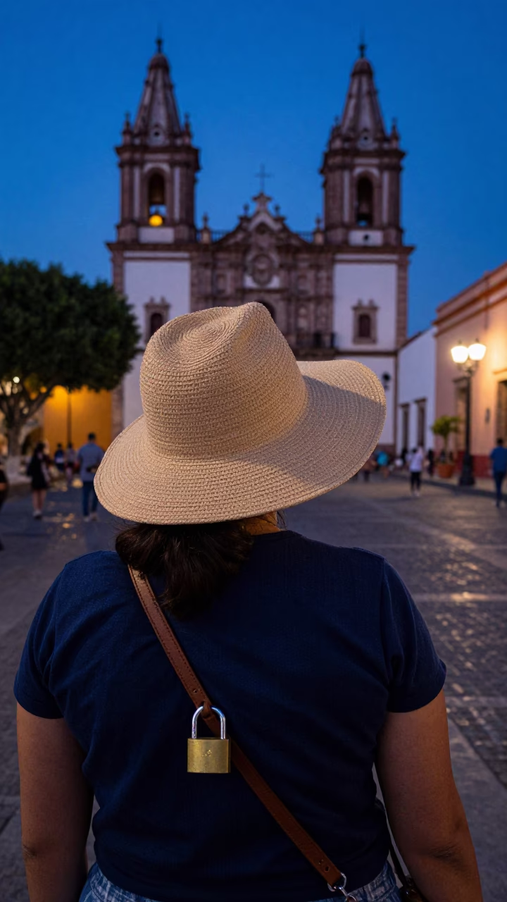 Blue Hour Street Scene Merida Mexico with Sun Hat and Padlock in in Merida, Mexico
