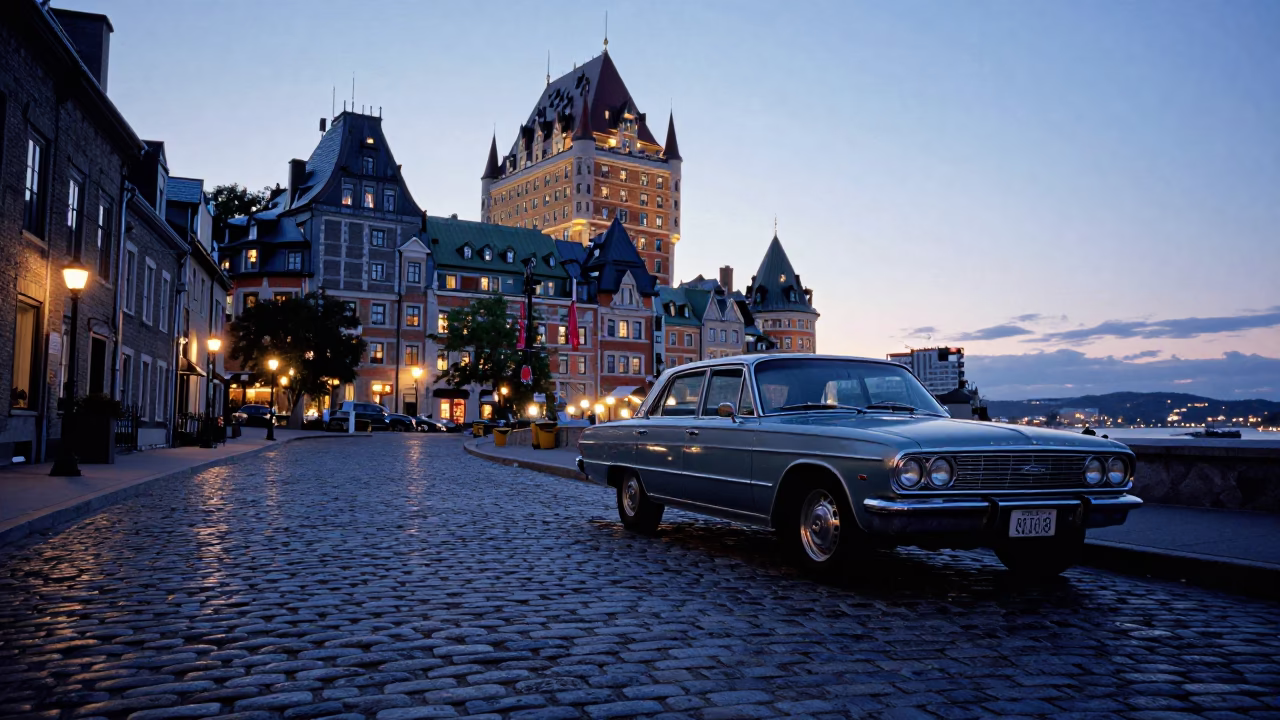 Blue Hour Street Scene Quebec City Old Port Cobblestones Vintage Car in in Quebec City, Quebec, Canada