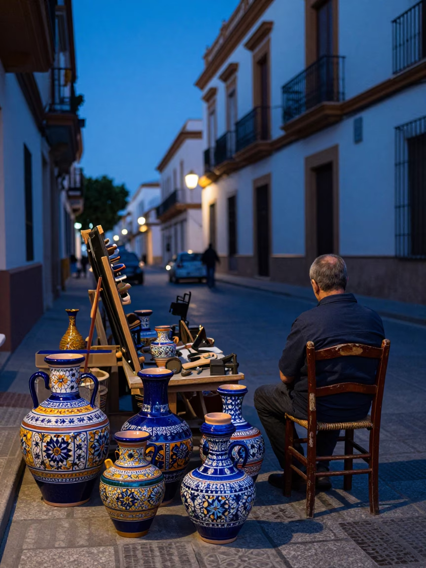 Blue Hour Street Scene Valencia Spain with Local Crafts and Tools in in Valencia, Spain