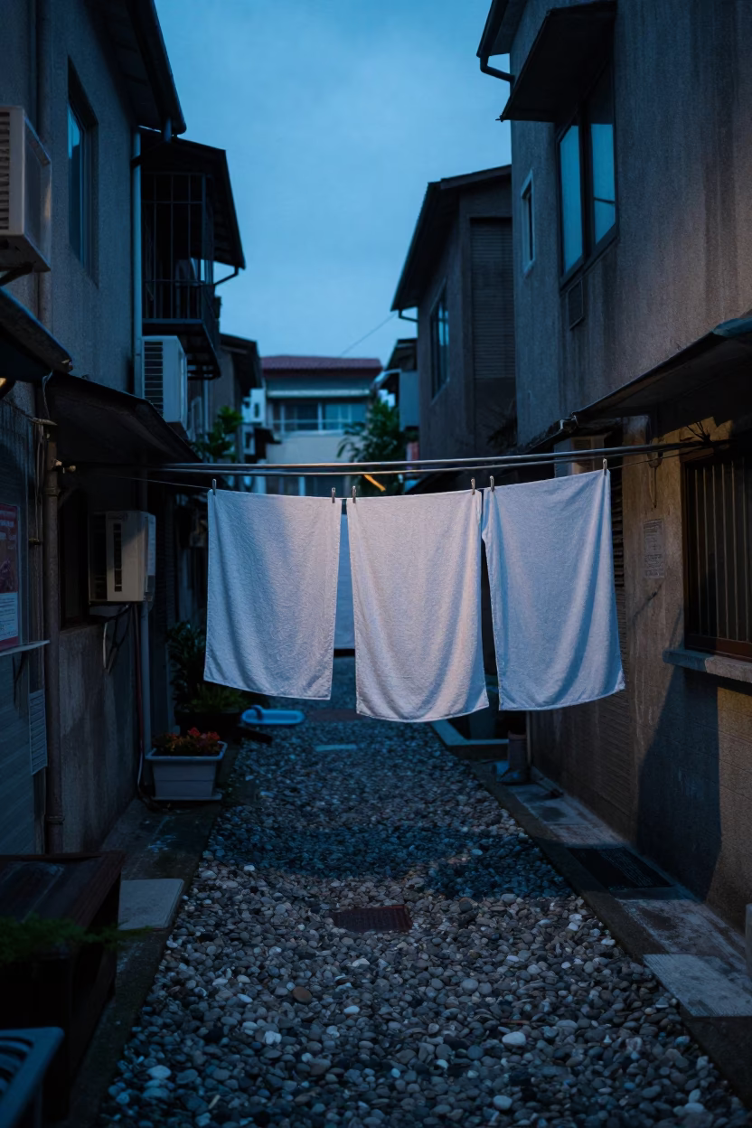 Blue hour street scene with hanging laundry and pebbles in Kaohsiung in in Kaohsiung, Taiwan