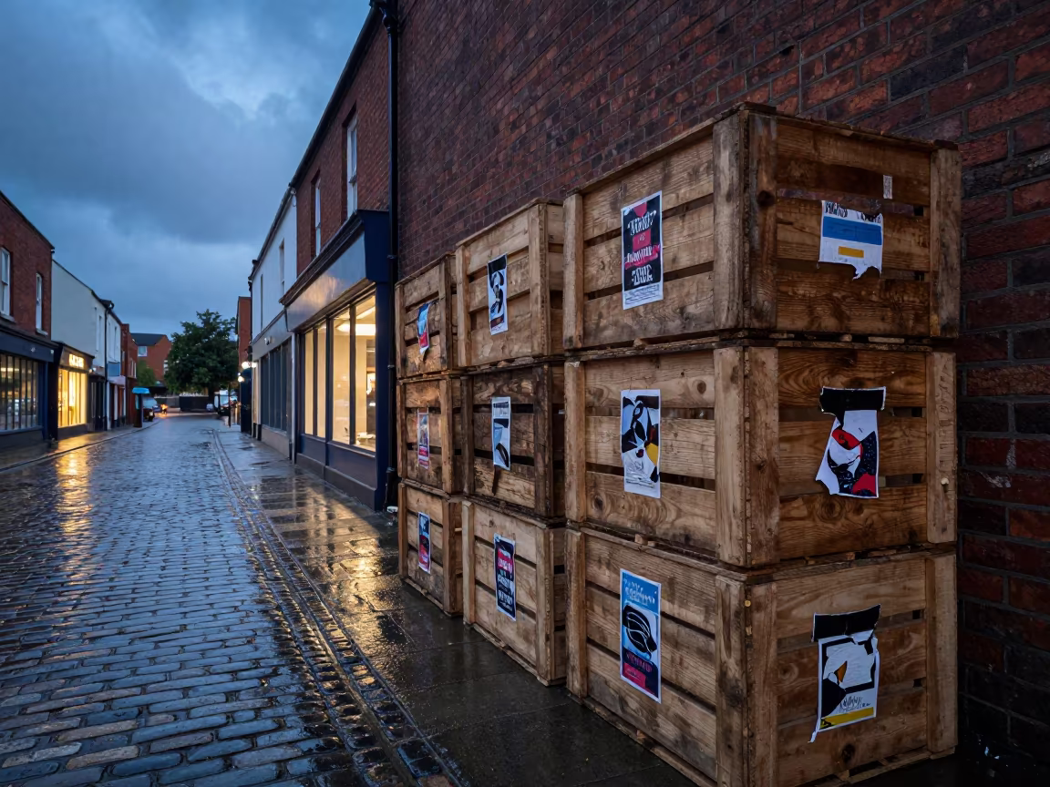 Blue Hour Street Stack with Torn Posters in along a market-lined side street in Colchester