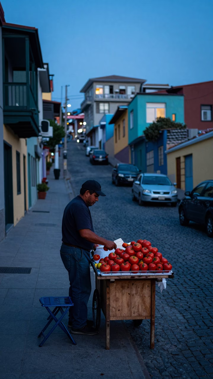 Blue hour street vendor scene in Valparaiso Chile with folding stools in in Valparaiso, Chile