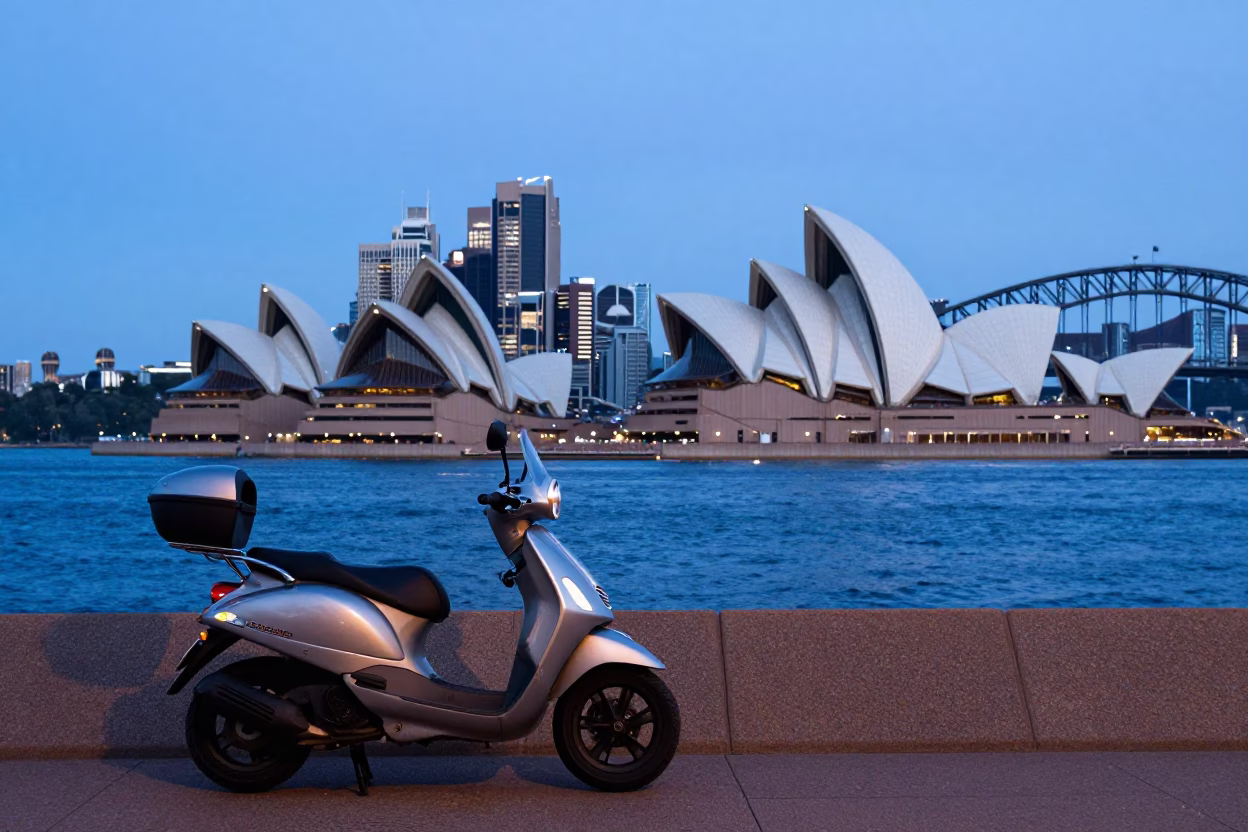 Blue Hour Sydney Harbour Promenade Scooter and City Skyline View in in Sydney, New South Wales, Australia