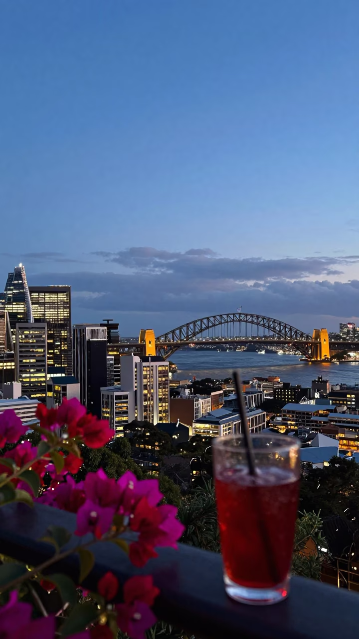 Blue Hour Sydney Skyline View with Bougainvillea and Glass of Red Wine in in Sydney, New South Wales, Australia