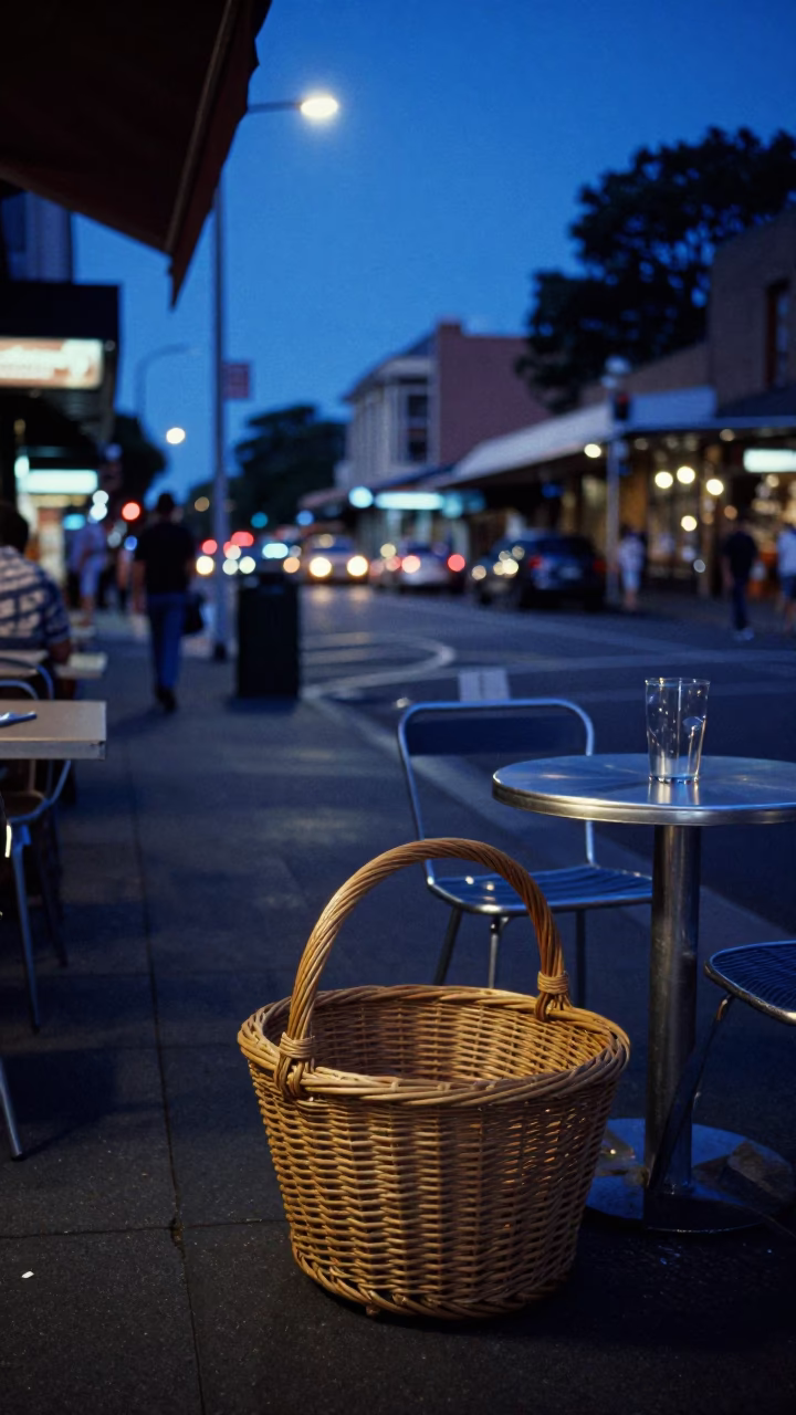 Blue Hour Sydney Street Corner Cafe with Wicker Hamper and Glass Carafe in in Sydney, New South Wales, Australia