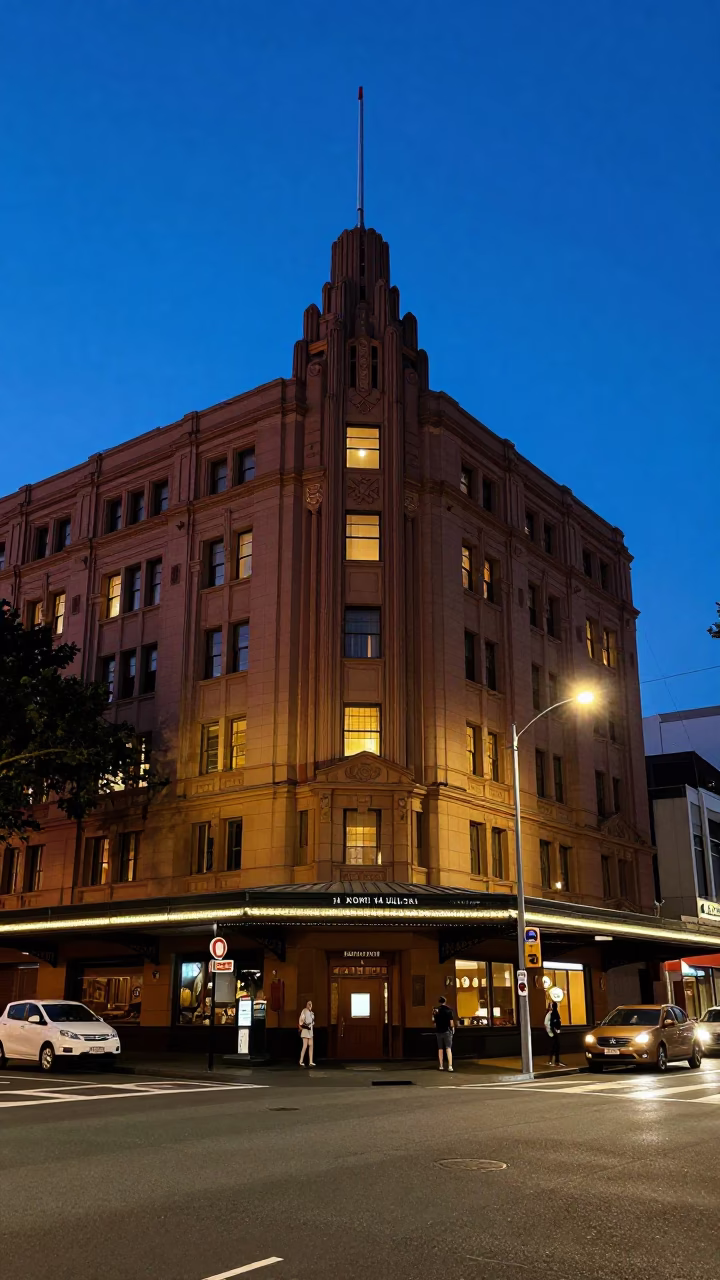 Blue Hour Sydney Street Scene with Art Deco Hotel Facade and Chain Ferry in in Sydney, New South Wales, Australia