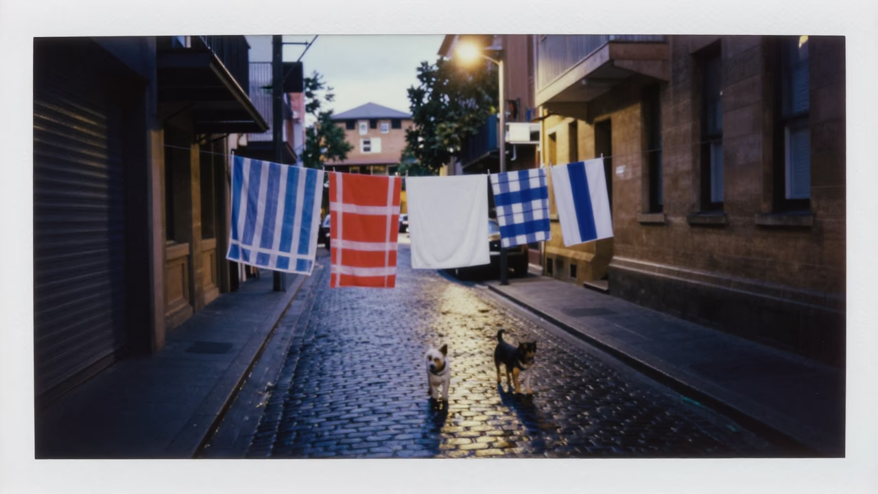 Blue Hour Sydney Street Scene with Drying Towels and Small Dog in in Sydney, New South Wales, Australia