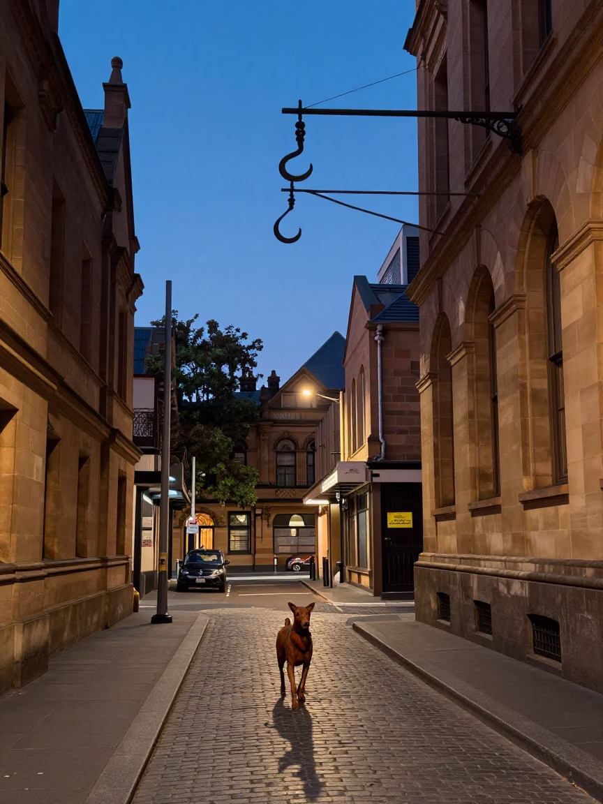Blue Hour Sydney Street Scene with Iron Hook and Rusty Runner Detail in in Sydney, New South Wales, Australia