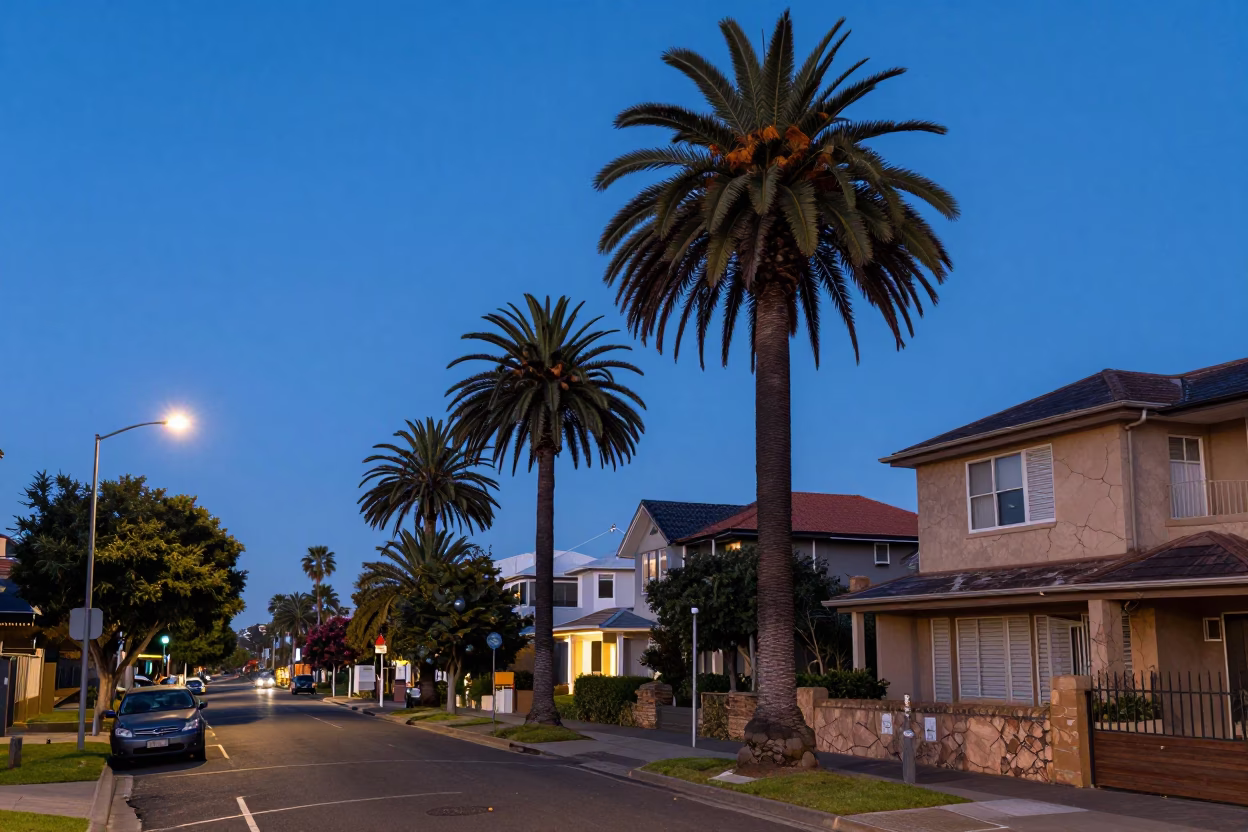 Blue Hour Sydney Street Scene with Palm Trees and Cracked Stucco Walls in in Sydney, New South Wales, Australia