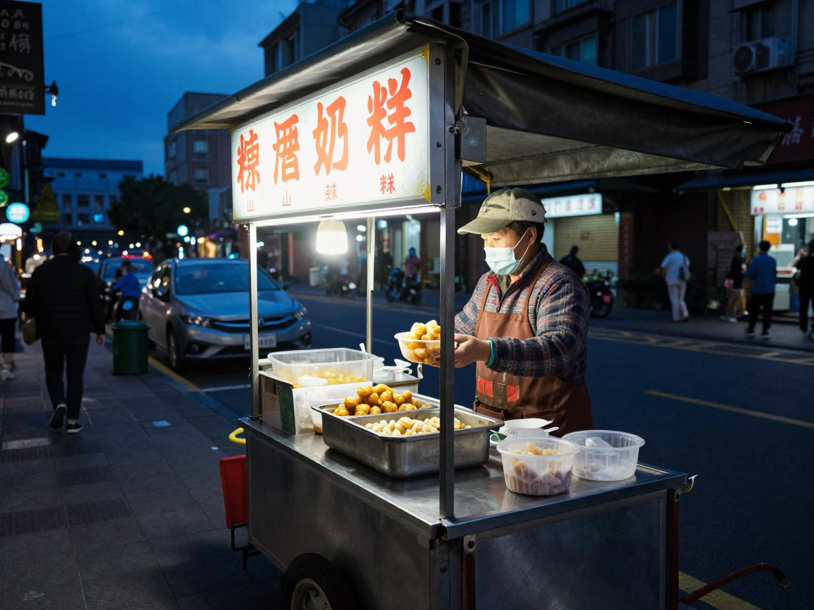 Blue Hour Taipei Street Food Vendor Serving Sweet Dessert Near Minguo Road in in Taipei, Taiwan