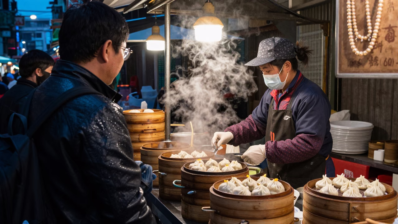 Blue Hour Taipei Street Scene with Dim Sum and Pearl Necklaces in in Taipei, Taiwan