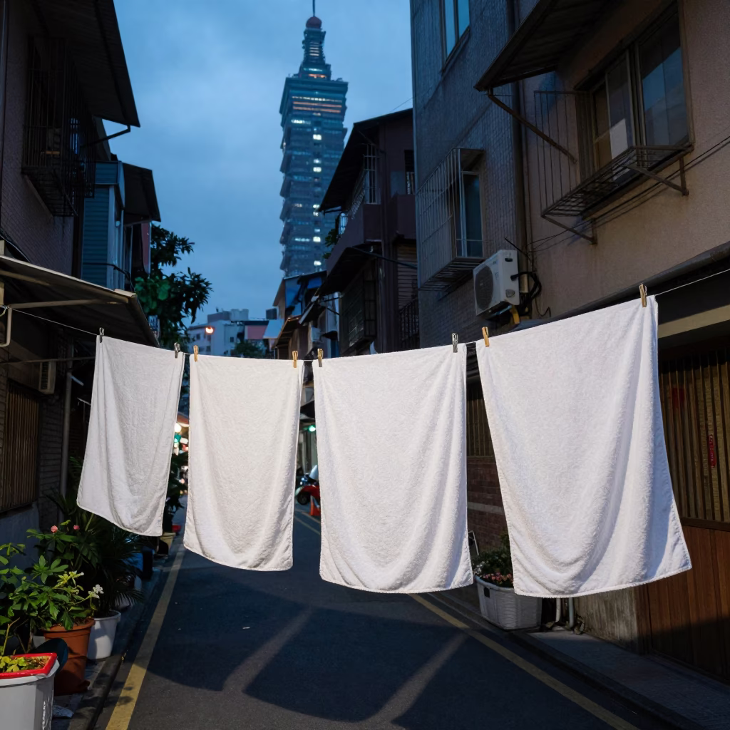 Blue Hour Taipei Street Scene with Drying Towels and Urban Architecture in in Taipei, Taiwan