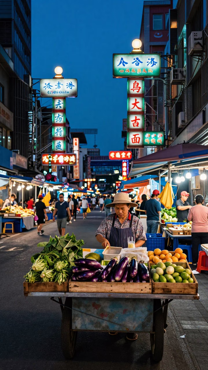 Blue Hour Taipei Street Scene With Neon Signs And Local Market Activity in in Taipei, Taiwan