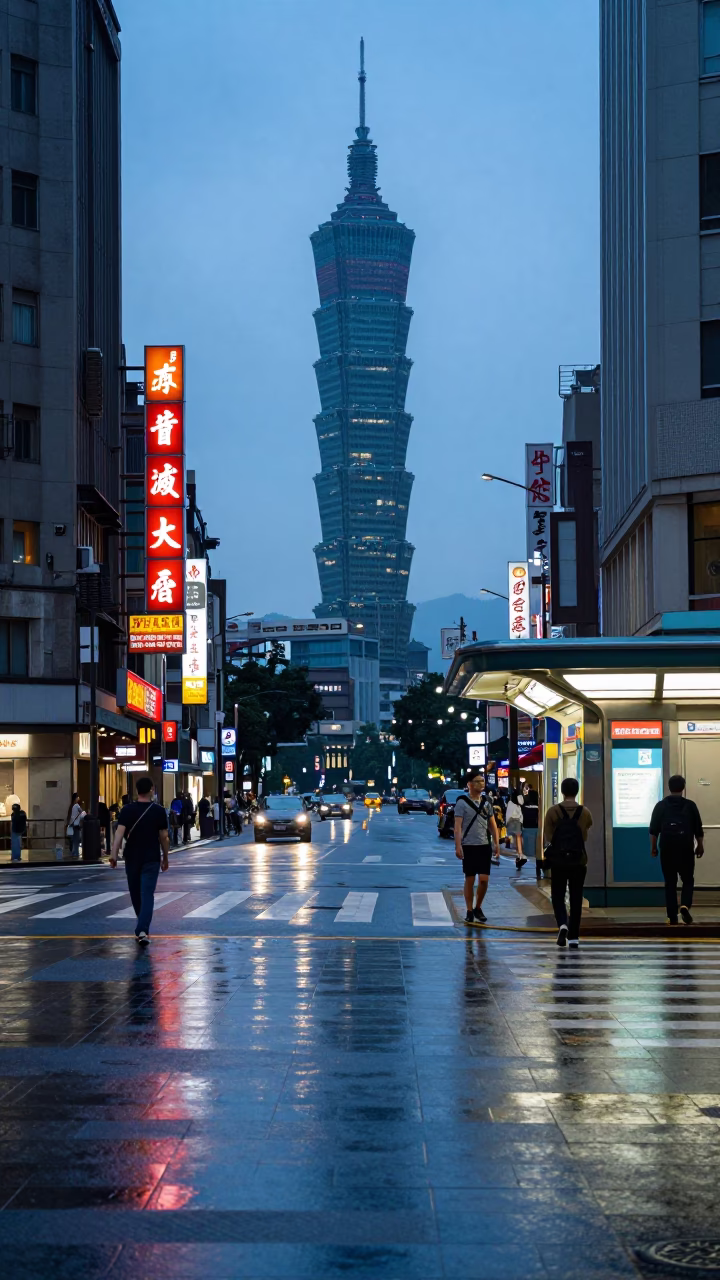 Blue Hour Taipei Street Scene with Neon Signs and Metro Station Entrance in in Taipei, Taiwan