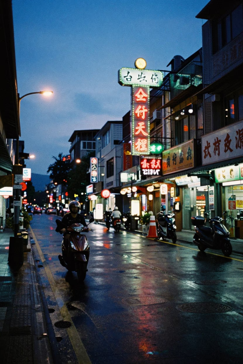 Blue Hour Taipei Street Scene with Scooter and Neon Signs in in Taipei, Taiwan