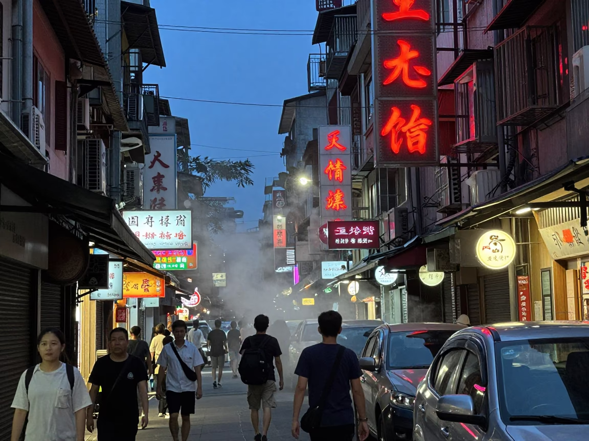 Blue Hour Taipei Street Scene with Steam Haze and Urban Nightlife in in Taipei, Taiwan