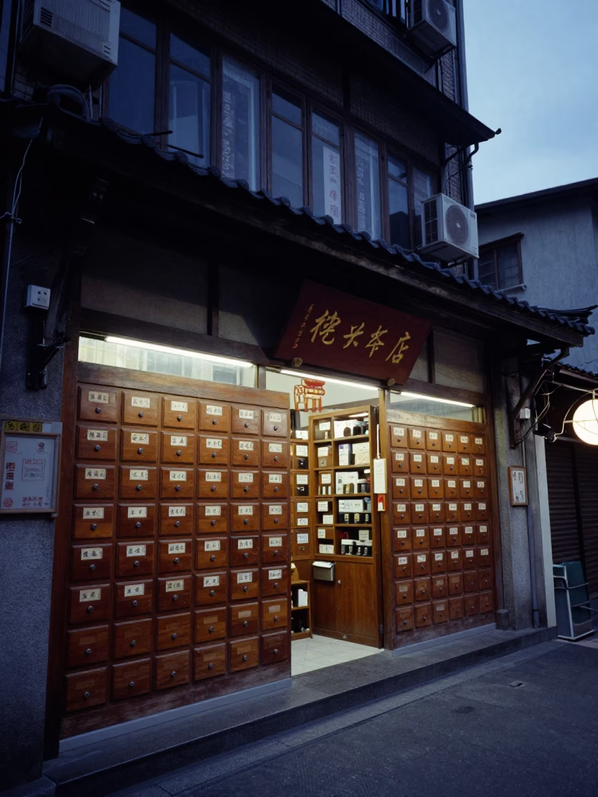 Blue Hour Taipei Street Scene with Traditional Pharmacy and Dusk Lighting in in Taipei, Taiwan