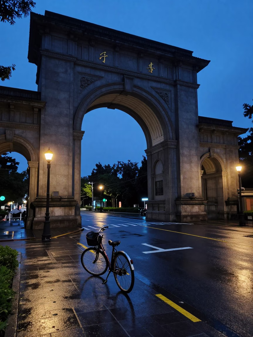 Blue Hour Taipei Street Scene with University Archway and Wet Bicycle Rack in in Taipei, Taiwan
