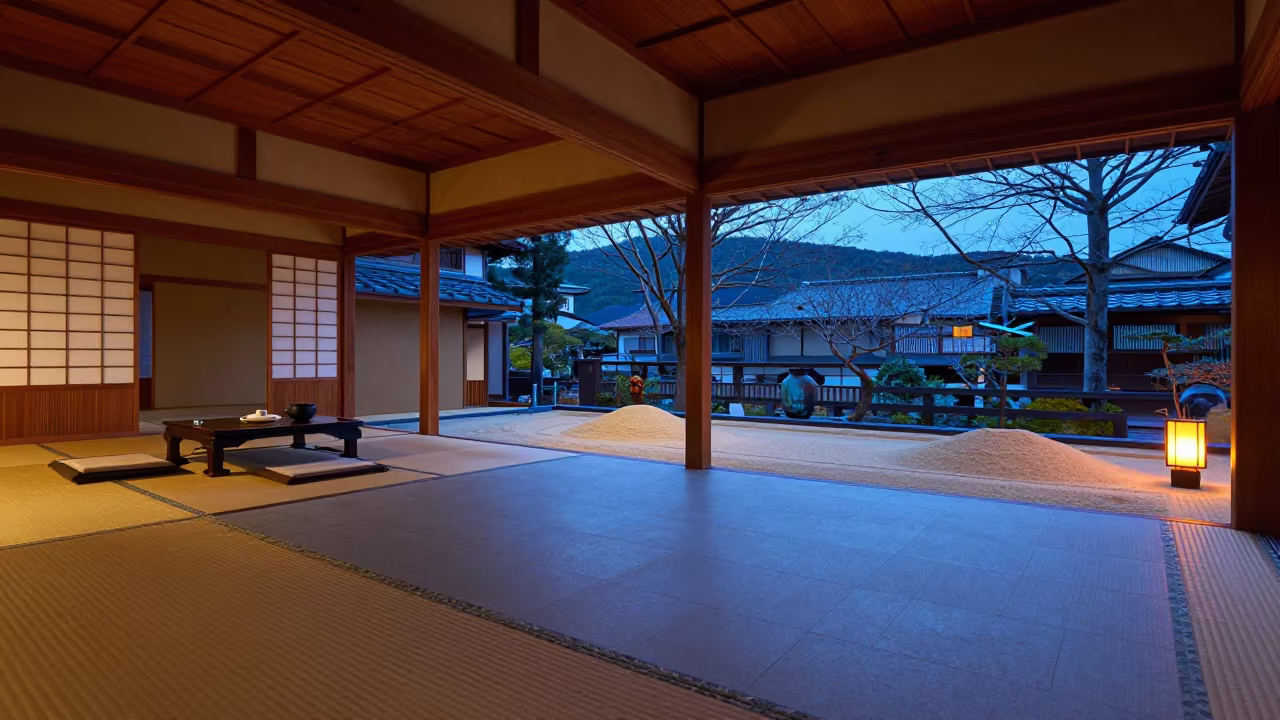 Blue Hour Tea Room with Sand Dune Floor in in a tearoom prepared for guests in Higashiyama, Kyoto