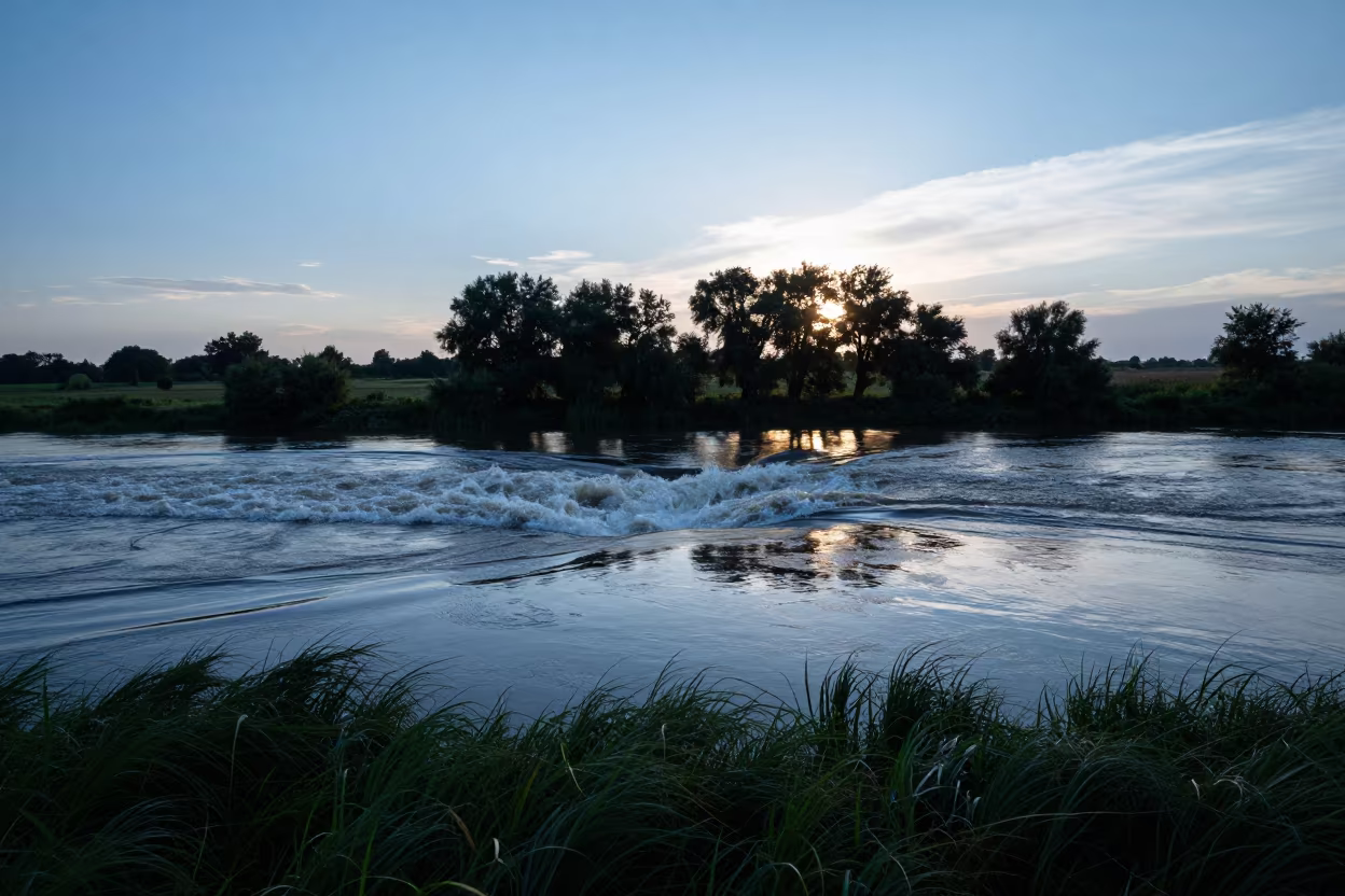 Blue Hour Tidal Bore Wave on Moldovan Floodplain in across a floodplain after rain in Moldova