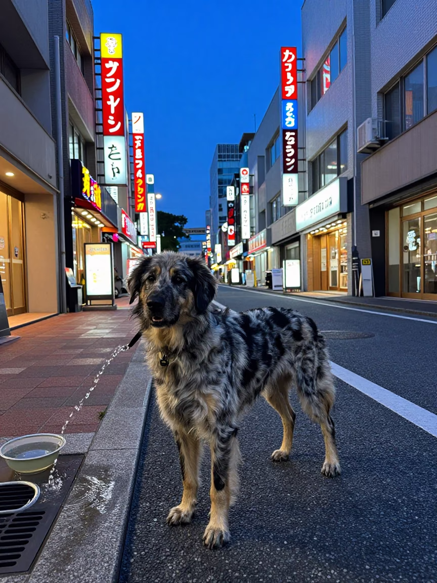 Blue Hour Tokyo Street Scene with Catahoula Leopard Dog and Watering Bottle in in Tokyo, Japan