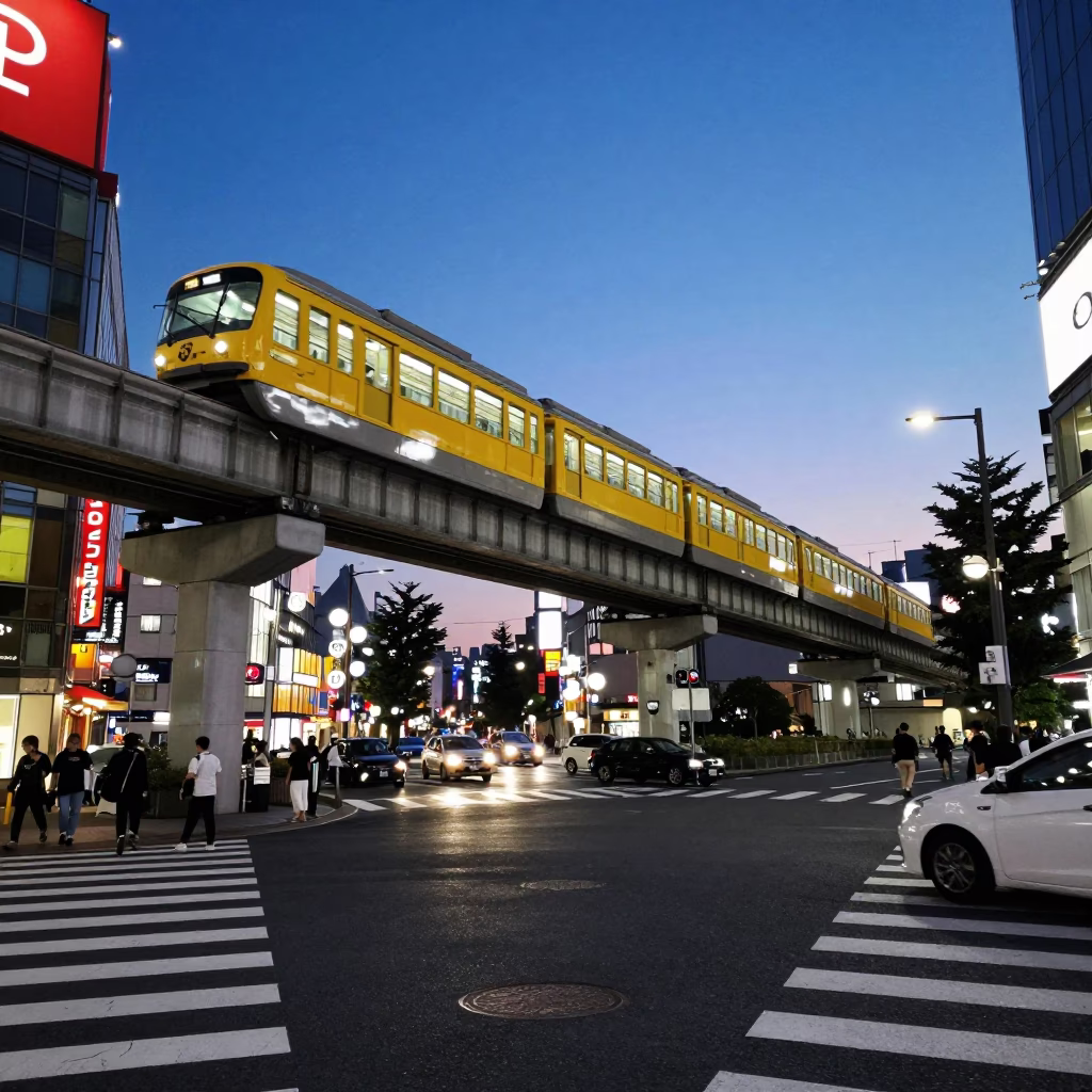 Blue Hour Tokyo Street Scene with Monorail Reflections and Neon Lights in in Tokyo, Japan