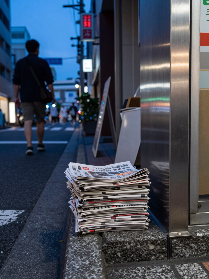 Blue Hour Tokyo Street Scene with Newspaper Stack and Brushed Steel Wall in in Tokyo, Japan