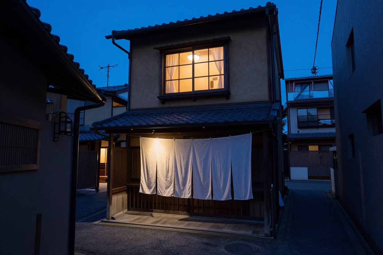 Blue Hour Tokyo Street Scene with Open Window and Hanging Linen in in Tokyo, Japan