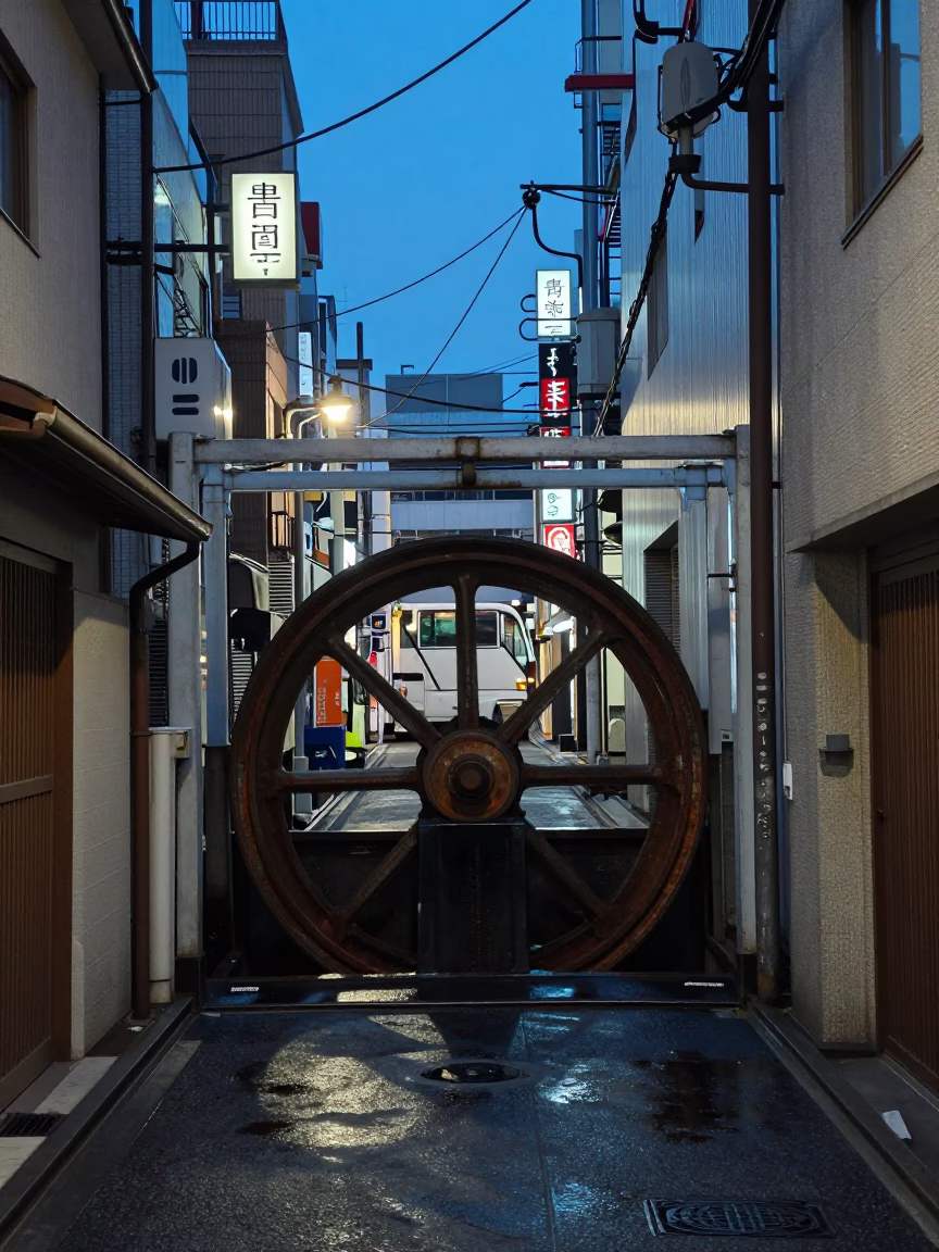 Blue Hour Tokyo Street Scene with Sluice Gate Wheel and Urban Canal in in Tokyo, Japan