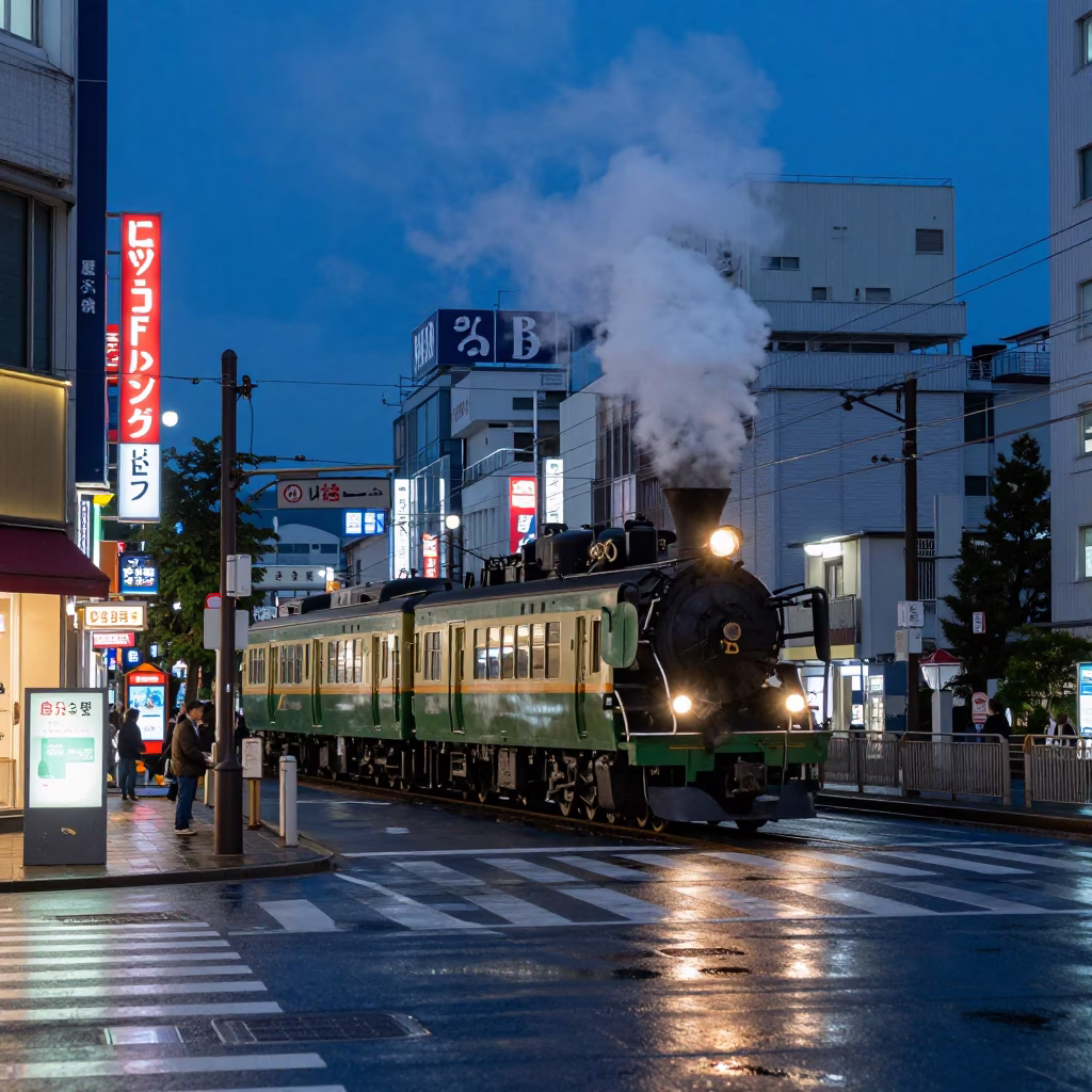 Blue Hour Tokyo Street Scene with Steam Train and Vintage Details in in Tokyo, Japan