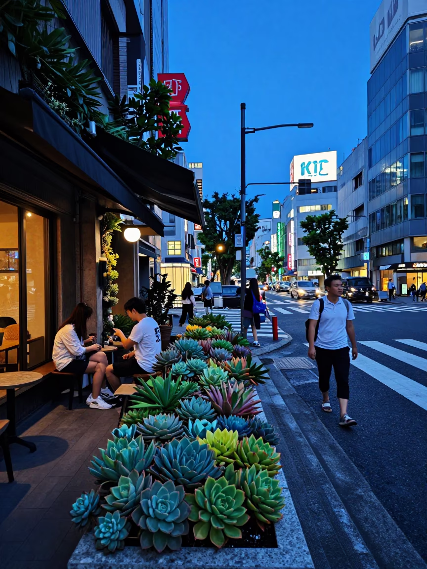Blue Hour Tokyo Street Scene with Succulents and Casual Pedestrians in in Tokyo, Japan