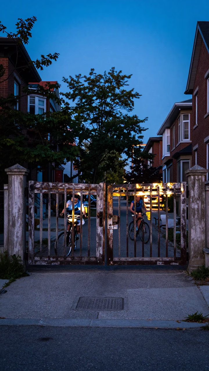 Blue Hour Toronto Street Scene with Cyclist and Garden Gate Reflections in in Toronto, Ontario, Canada