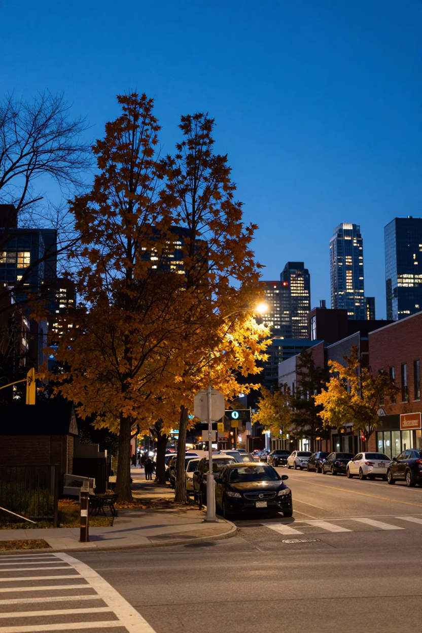 Blue Hour Toronto Street Scene with Larch Trees and Urban Details in in Toronto, Ontario, Canada