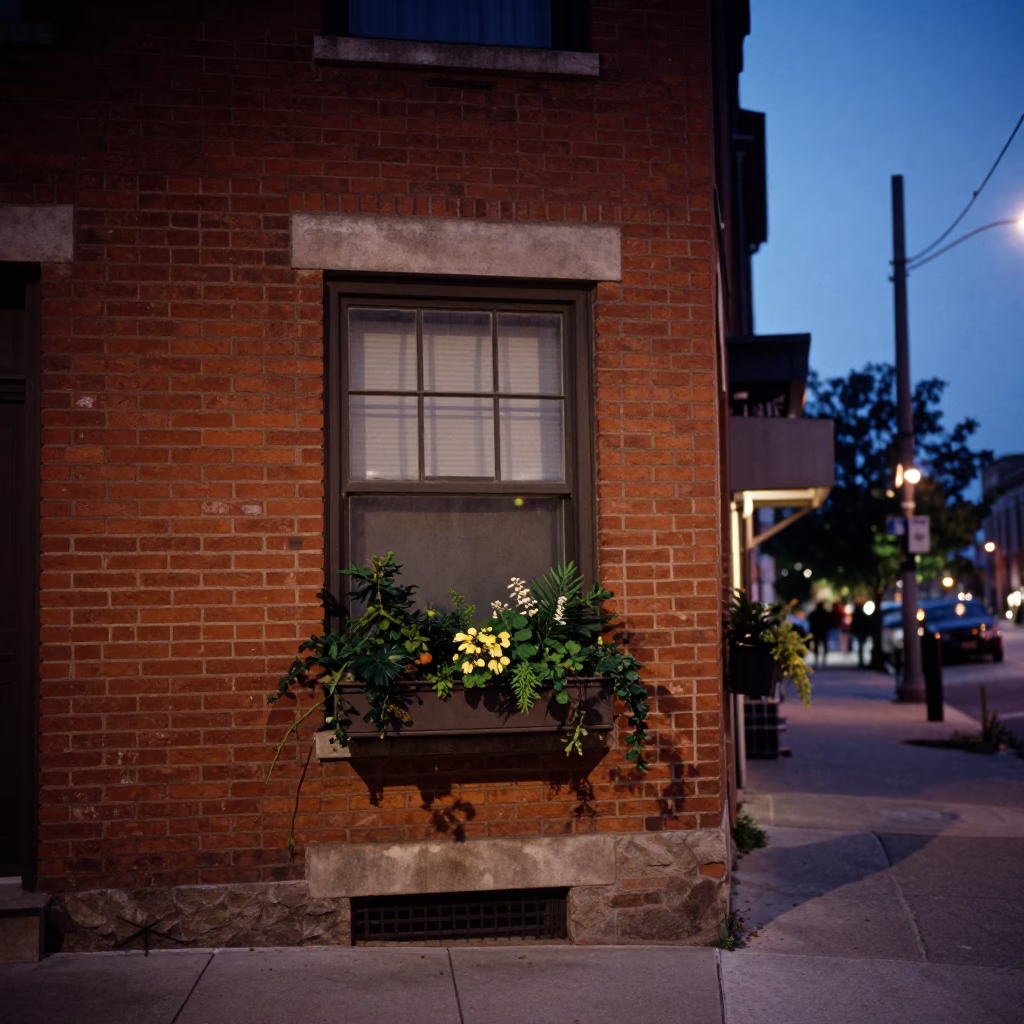 Blue Hour Toronto Street Scene with Window Boxes and Urban Details in in Toronto, Ontario, Canada