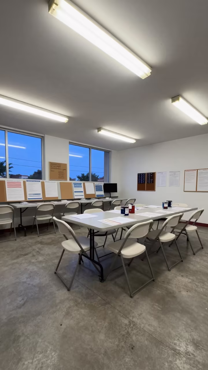 Blue Hour Town Hall Basement With Paint And Posters in in a fluorescent town hall meeting room near Navojoa
