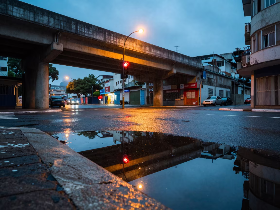Blue Hour Reflection of Traffic Light in Rocinha Puddle in beneath a flickering underpass light in Rocinha, Rio de Janeiro