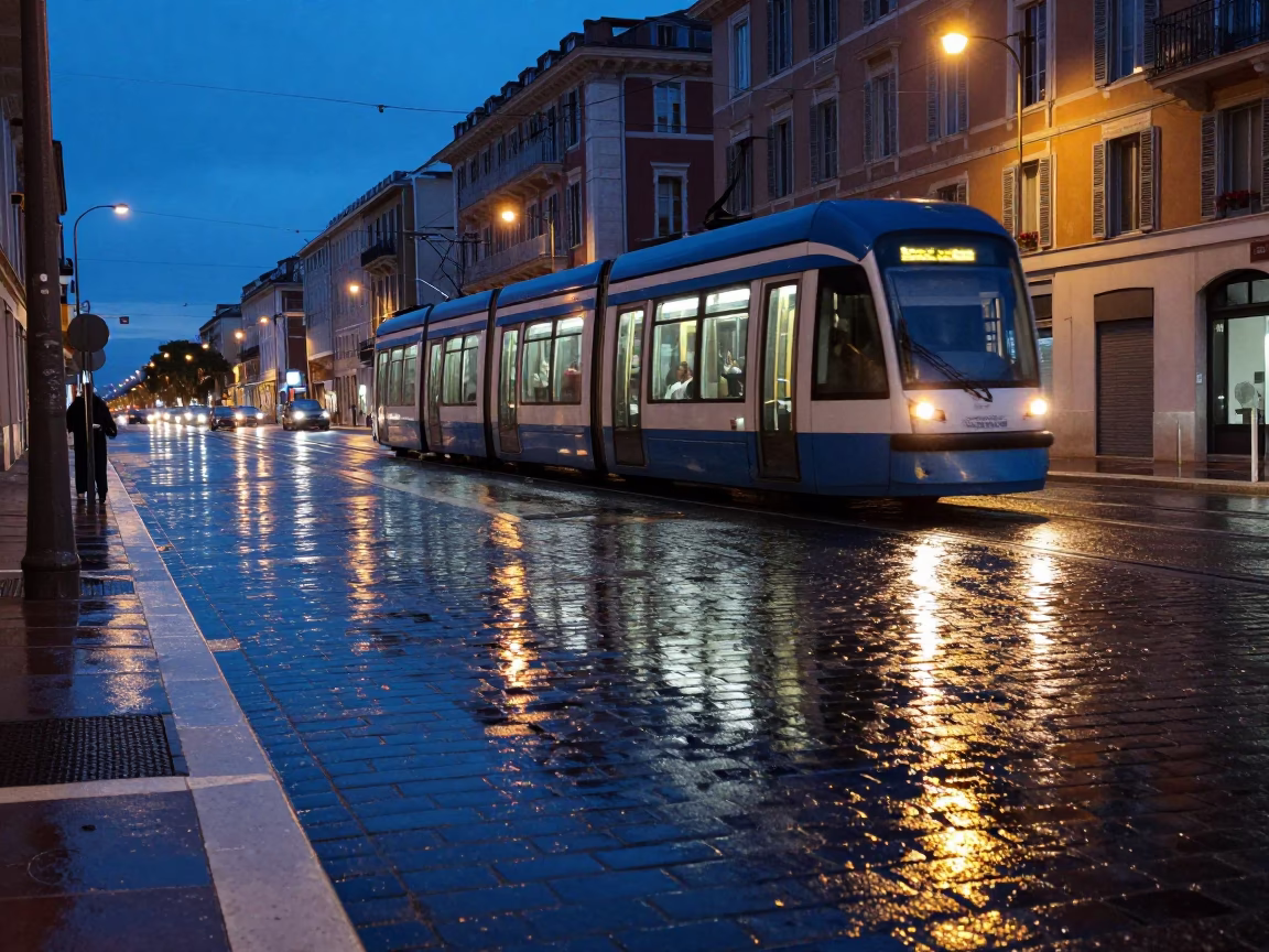 Blue Hour Tram Reflection on Wet Cobblestones in Nice France Evening in in Nice, France