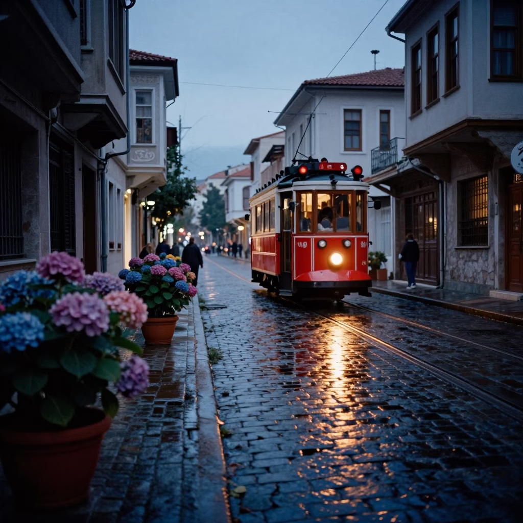 Blue Hour Tram Reflections on Izmir Cobblestones with Flowerpots and Hydrangeas in in Izmir, Turkey