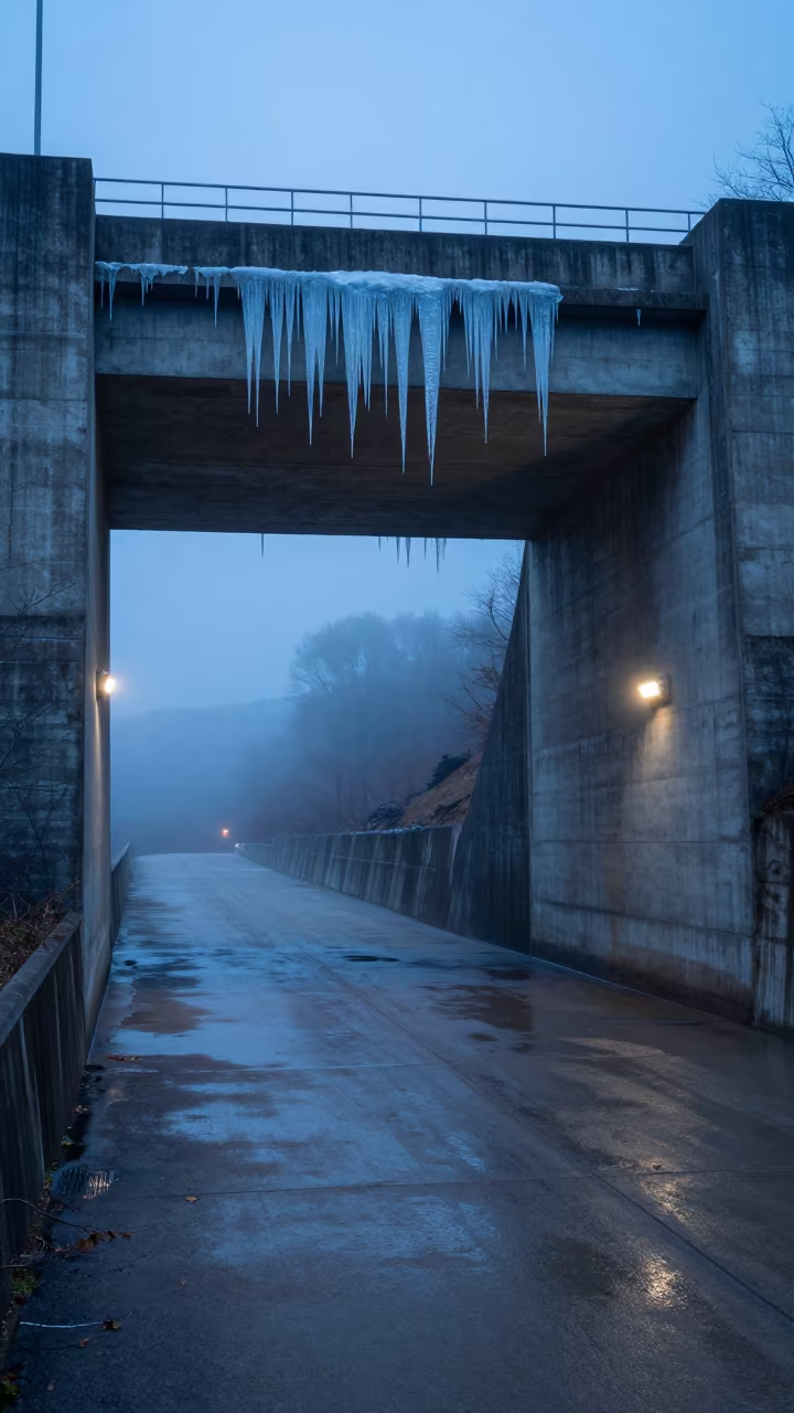 Blue Hour Tunnel Portal with Meltwater Icicles in along a dam spillway in Virginia
