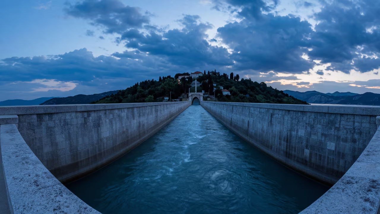 Blue Hour Twilight Over Dalmatian Harbor Breakwater in along a dam spillway in Dalmatia