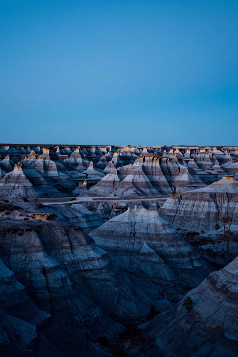 Blue Hour Twilight Over Petrified Forest Ridge in from a ridge above layered foothills in Wisconsin