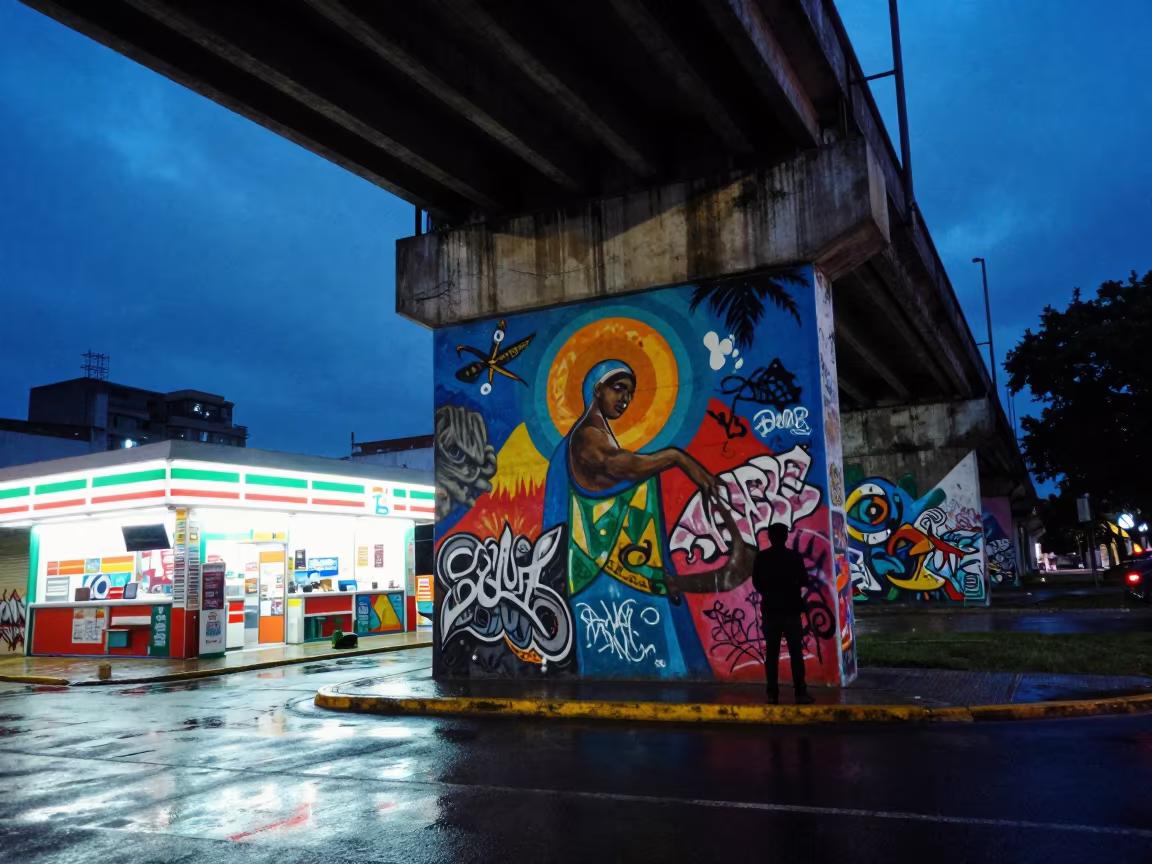 Blue Hour Underpass Mural Maracaibo Wet Season in outside a fluorescent convenience store in Maracaibo