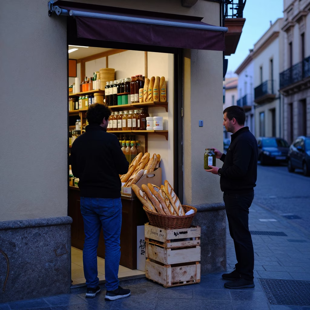Blue Hour Valencia Street Scene with Jar and Baguettes in in Valencia, Spain