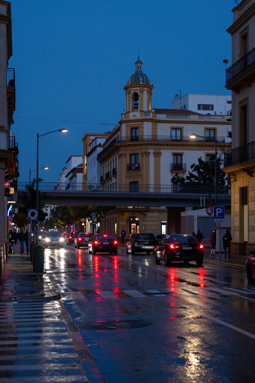 Blue Hour Valencia Street Scene with Wet Overpass Taillights and Local Market Activity in in Valencia, Spain