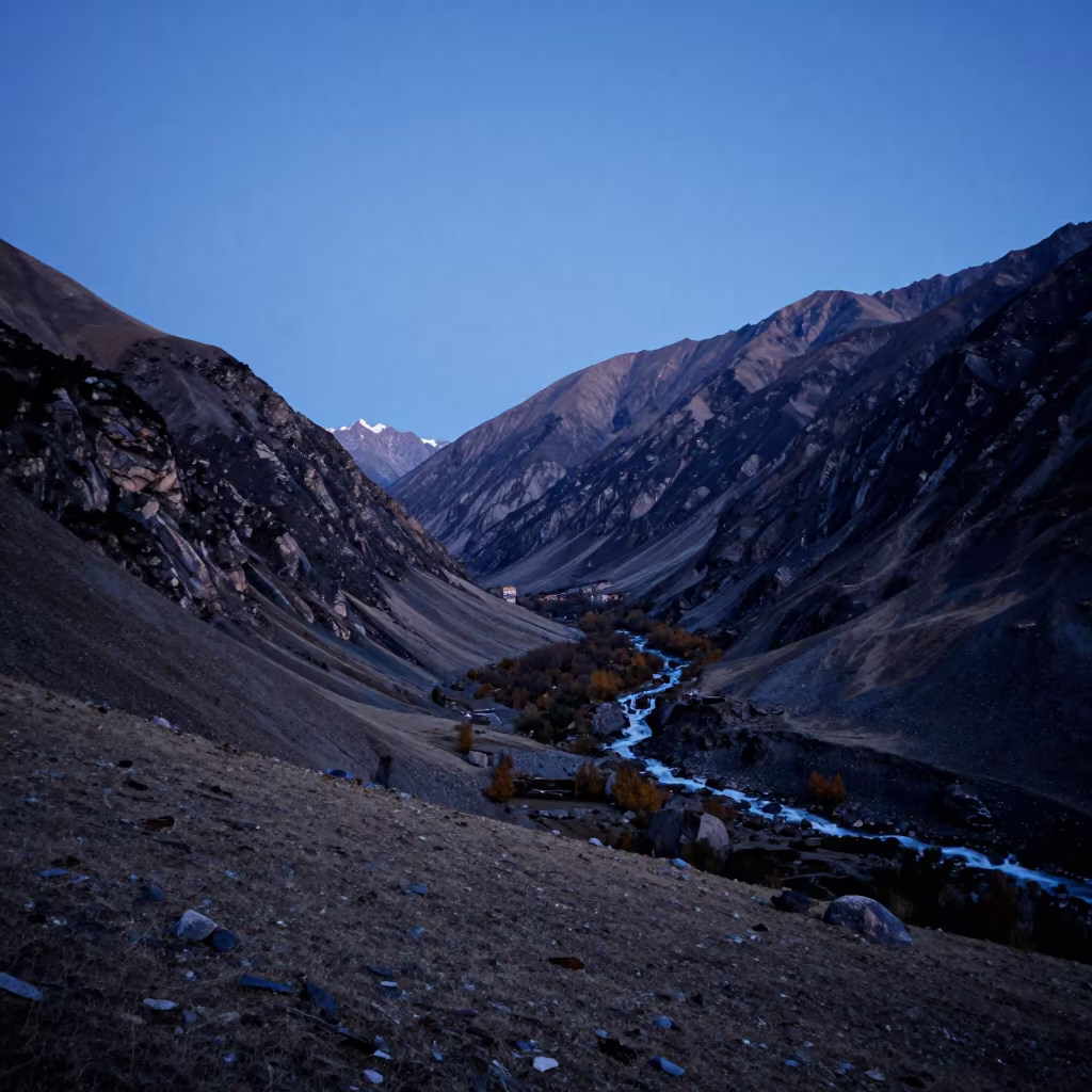 Blue Hour Valley Floor Leh Autumn Waterfall in across a wide valley floor near Leh