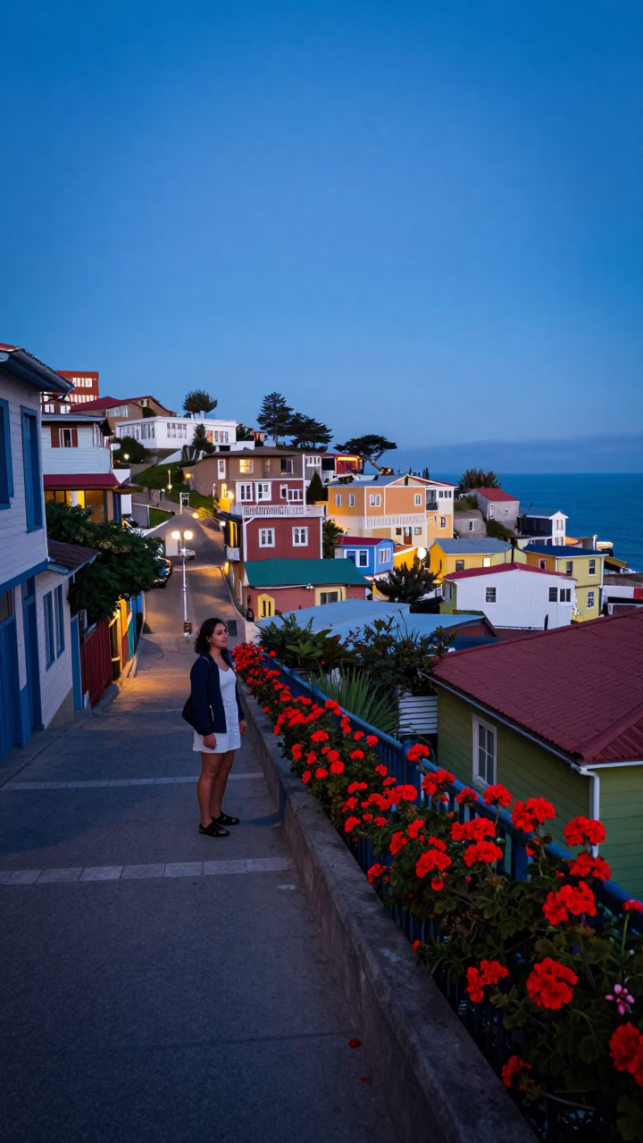 Blue Hour Valparaiso Chile Street Scene with Geraniums and Coastal Hills in in Valparaiso, Chile