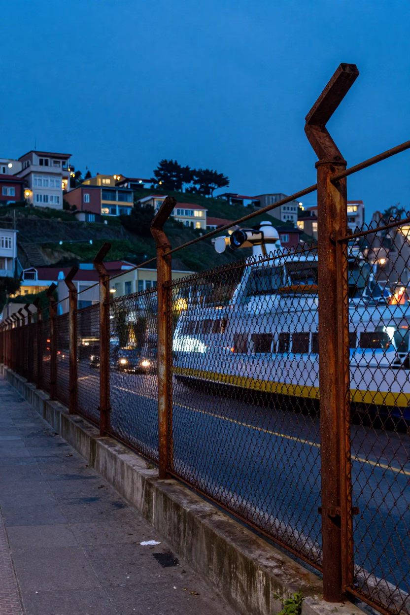 Blue Hour Valparaiso Chile Street Scene with Substation Fence and Ferry in in Valparaiso, Chile