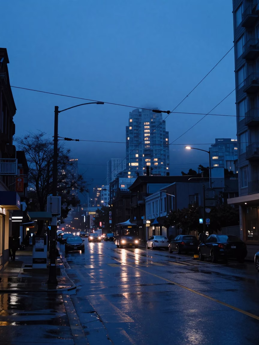 Blue Hour Vancouver Street Scene with Catenary Wires and Urban Fog in in Vancouver, British Columbia, Canada