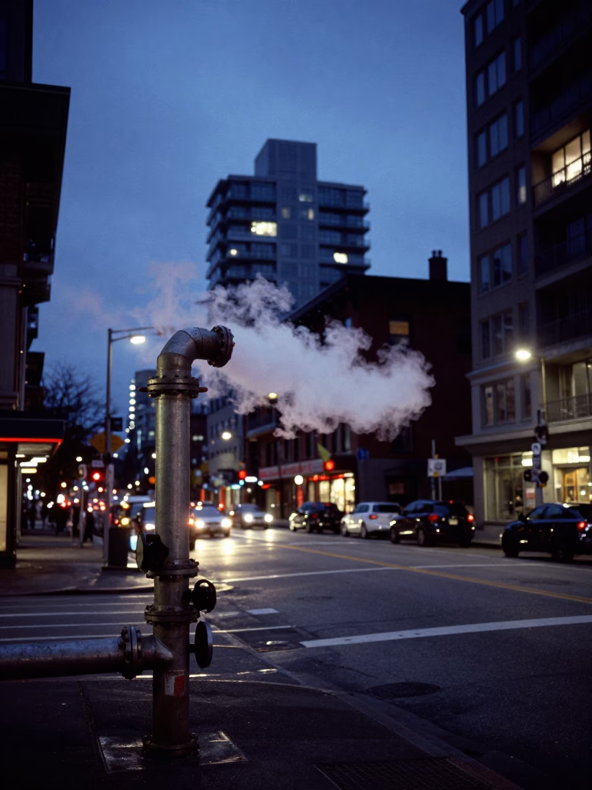 Blue Hour Vancouver Street Scene with Steaming District Heating Pipe and Frost Coated Fencing in in Vancouver, British Columbia, Canada